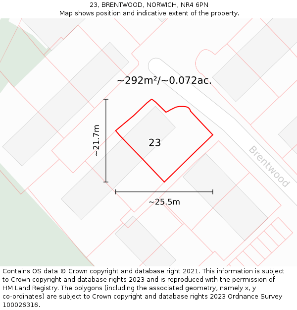 23, BRENTWOOD, NORWICH, NR4 6PN: Plot and title map