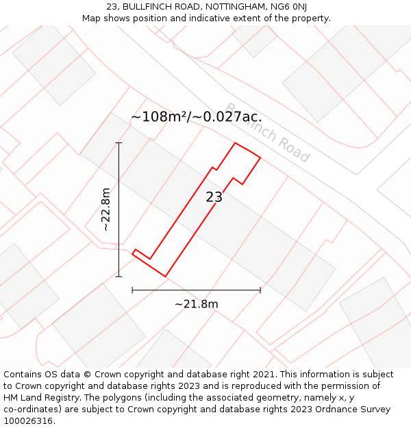 23, BULLFINCH ROAD, NOTTINGHAM, NG6 0NJ: Plot and title map