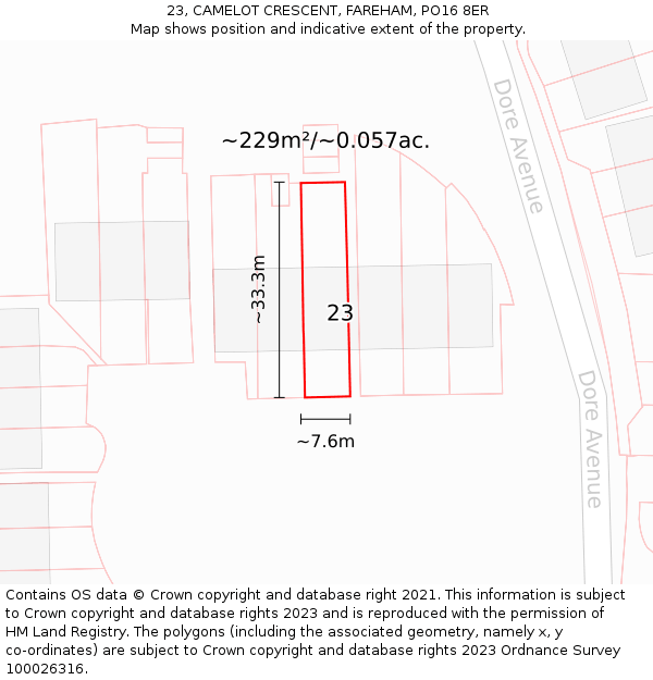 23, CAMELOT CRESCENT, FAREHAM, PO16 8ER: Plot and title map