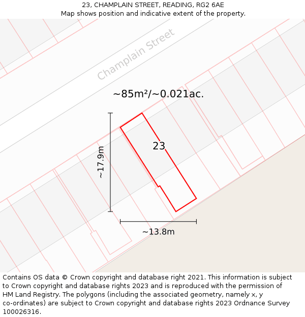 23, CHAMPLAIN STREET, READING, RG2 6AE: Plot and title map