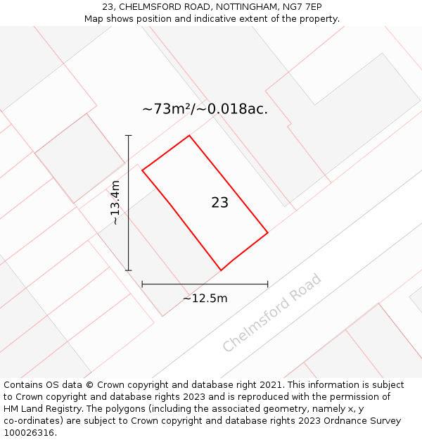23, CHELMSFORD ROAD, NOTTINGHAM, NG7 7EP: Plot and title map