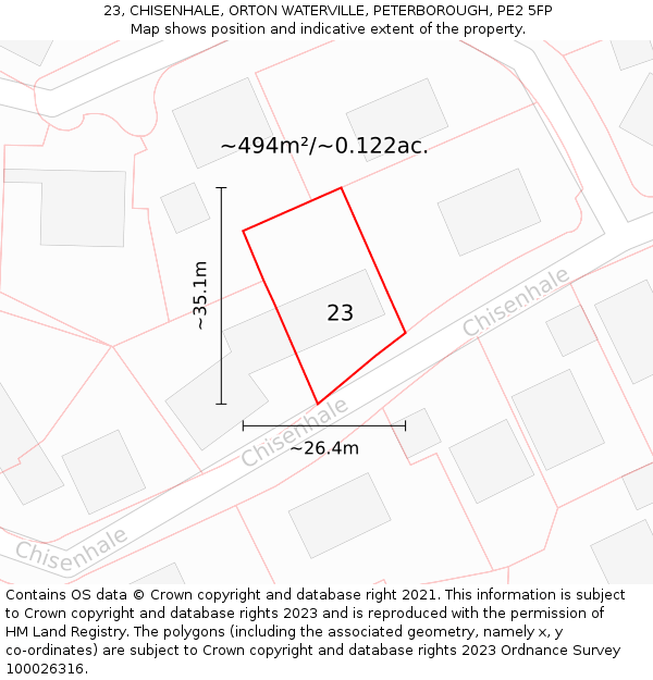 23, CHISENHALE, ORTON WATERVILLE, PETERBOROUGH, PE2 5FP: Plot and title map