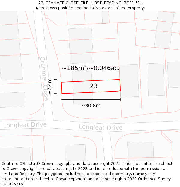 23, CRANMER CLOSE, TILEHURST, READING, RG31 6FL: Plot and title map