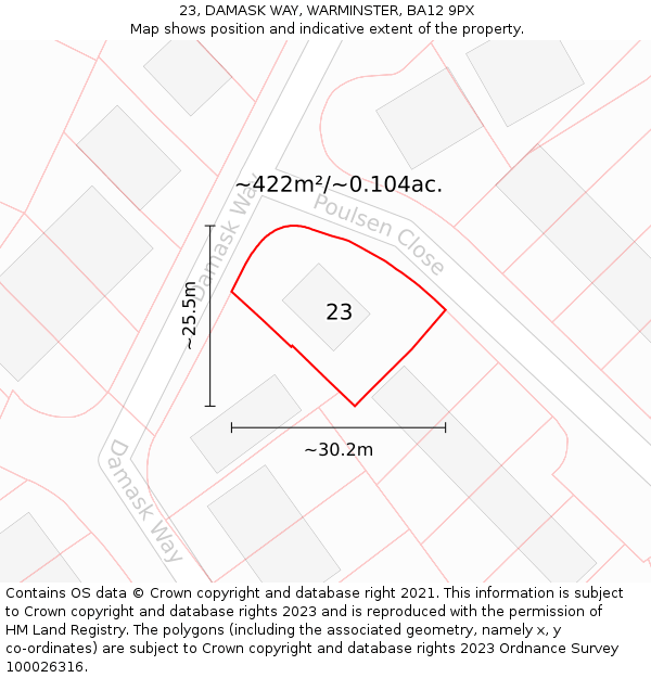 23, DAMASK WAY, WARMINSTER, BA12 9PX: Plot and title map