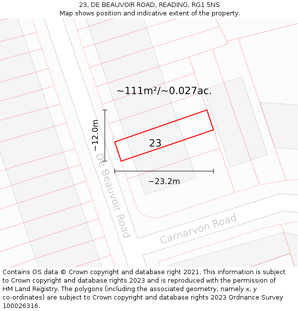 23, DE BEAUVOIR ROAD, READING, RG1 5NS: Plot and title map