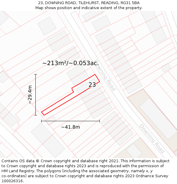 23, DOWNING ROAD, TILEHURST, READING, RG31 5BA: Plot and title map