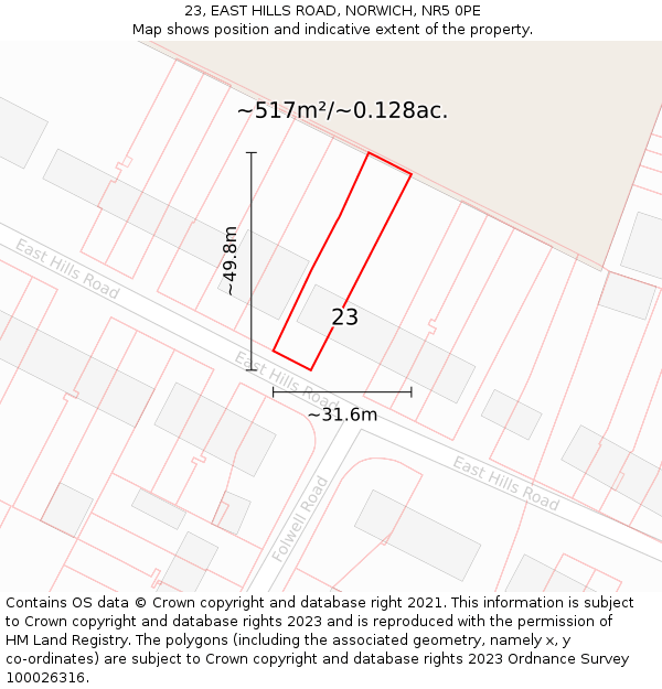 23, EAST HILLS ROAD, NORWICH, NR5 0PE: Plot and title map