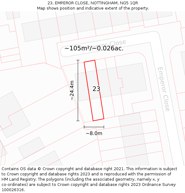 23, EMPEROR CLOSE, NOTTINGHAM, NG5 1QR: Plot and title map