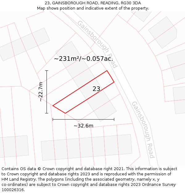 23, GAINSBOROUGH ROAD, READING, RG30 3DA: Plot and title map