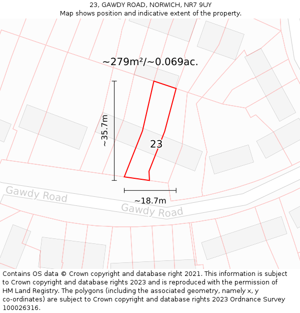 23, GAWDY ROAD, NORWICH, NR7 9UY: Plot and title map