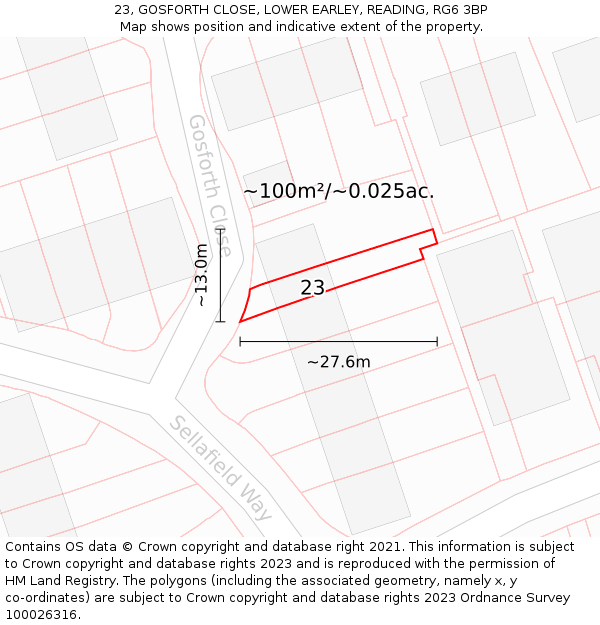 23, GOSFORTH CLOSE, LOWER EARLEY, READING, RG6 3BP: Plot and title map