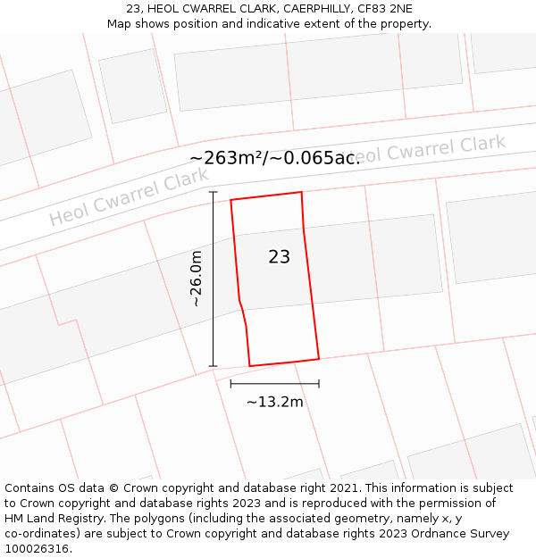 23, HEOL CWARREL CLARK, CAERPHILLY, CF83 2NE: Plot and title map