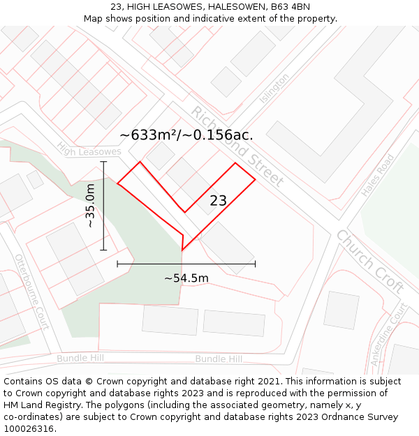 23, HIGH LEASOWES, HALESOWEN, B63 4BN: Plot and title map