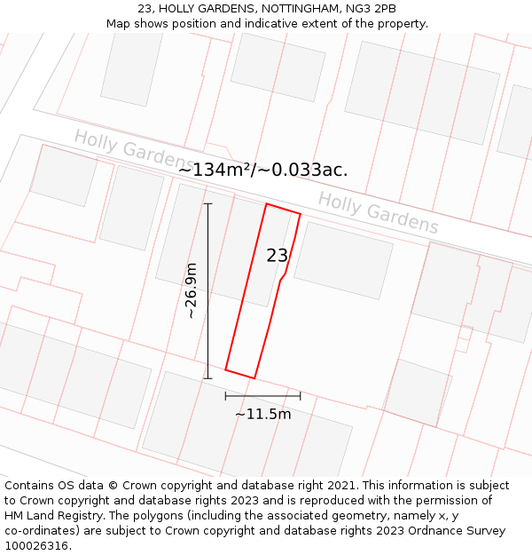 23, HOLLY GARDENS, NOTTINGHAM, NG3 2PB: Plot and title map
