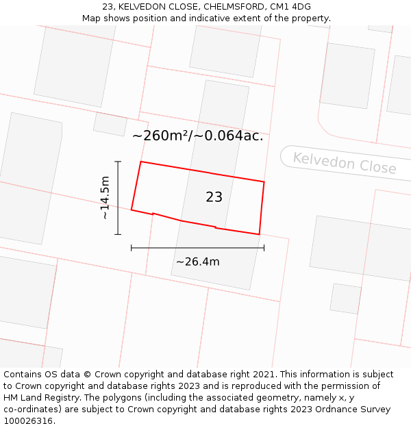 23, KELVEDON CLOSE, CHELMSFORD, CM1 4DG: Plot and title map