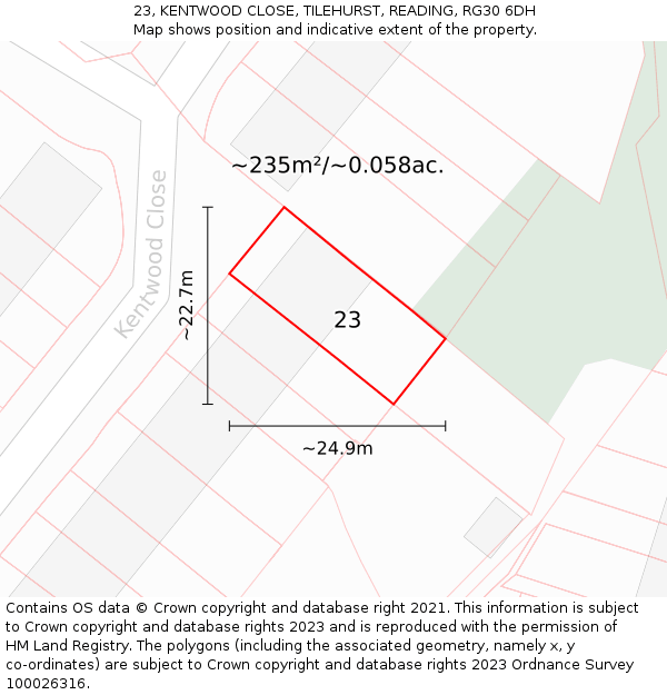 23, KENTWOOD CLOSE, TILEHURST, READING, RG30 6DH: Plot and title map
