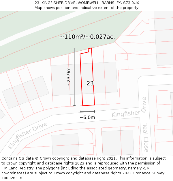 23, KINGFISHER DRIVE, WOMBWELL, BARNSLEY, S73 0UX: Plot and title map