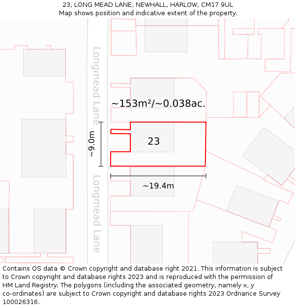 23, LONG MEAD LANE, NEWHALL, HARLOW, CM17 9UL: Plot and title map
