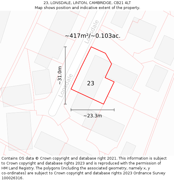 23, LONSDALE, LINTON, CAMBRIDGE, CB21 4LT: Plot and title map