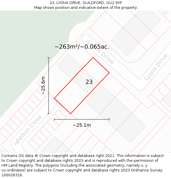 23, LYONS DRIVE, GUILDFORD, GU2 9YP: Plot and title map
