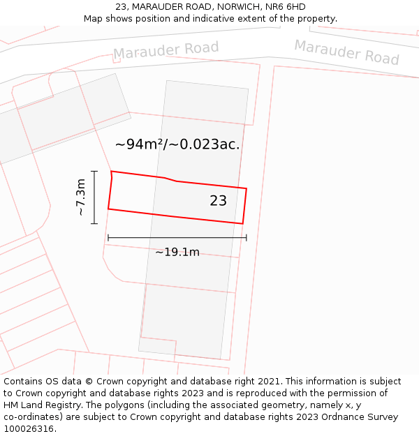 23, MARAUDER ROAD, NORWICH, NR6 6HD: Plot and title map