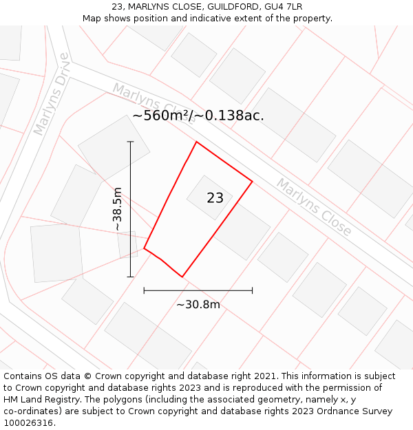 23, MARLYNS CLOSE, GUILDFORD, GU4 7LR: Plot and title map