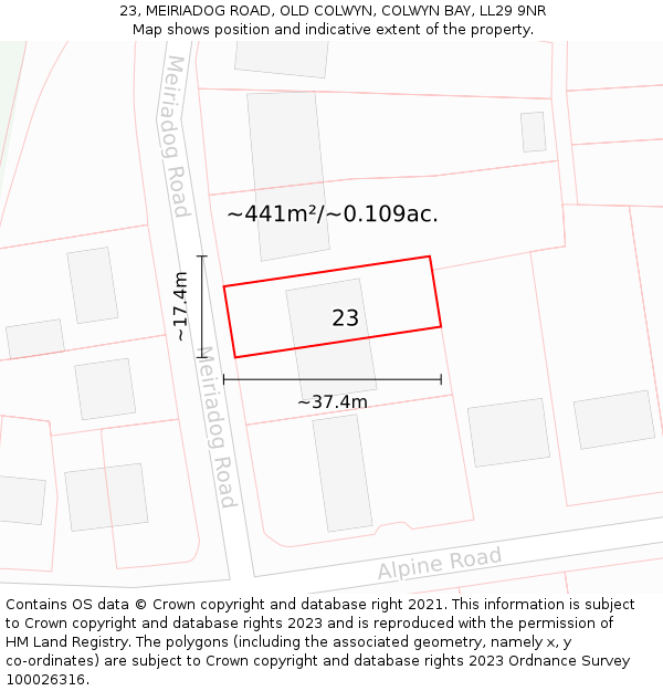 23, MEIRIADOG ROAD, OLD COLWYN, COLWYN BAY, LL29 9NR: Plot and title map