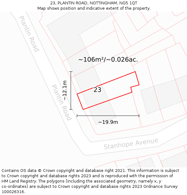 23, PLANTIN ROAD, NOTTINGHAM, NG5 1QT: Plot and title map