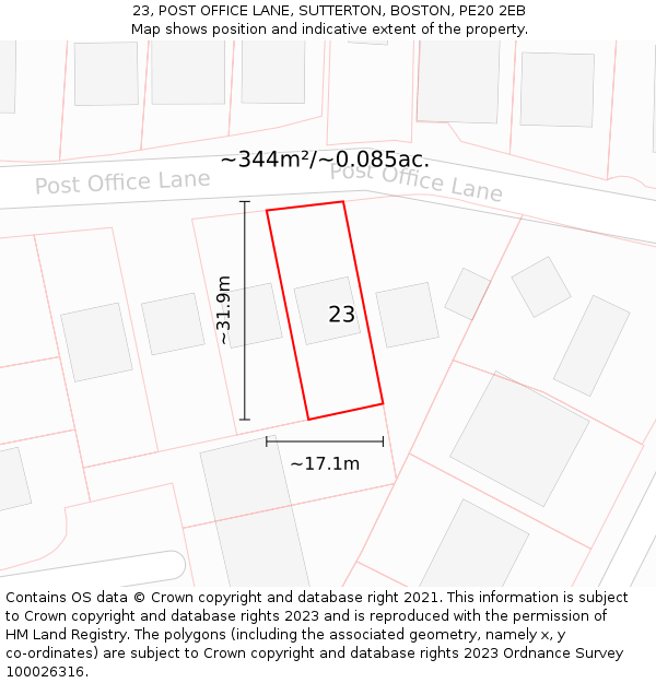 23, POST OFFICE LANE, SUTTERTON, BOSTON, PE20 2EB: Plot and title map