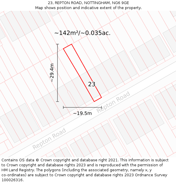23, REPTON ROAD, NOTTINGHAM, NG6 9GE: Plot and title map