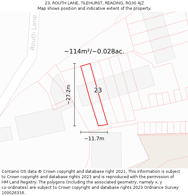 23, ROUTH LANE, TILEHURST, READING, RG30 4JZ: Plot and title map