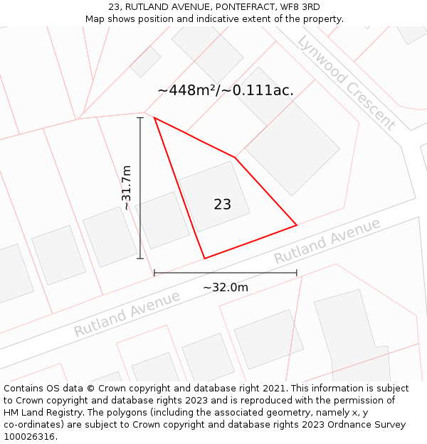 23, RUTLAND AVENUE, PONTEFRACT, WF8 3RD: Plot and title map