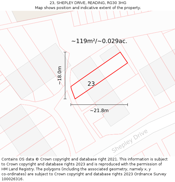 23, SHEPLEY DRIVE, READING, RG30 3HG: Plot and title map