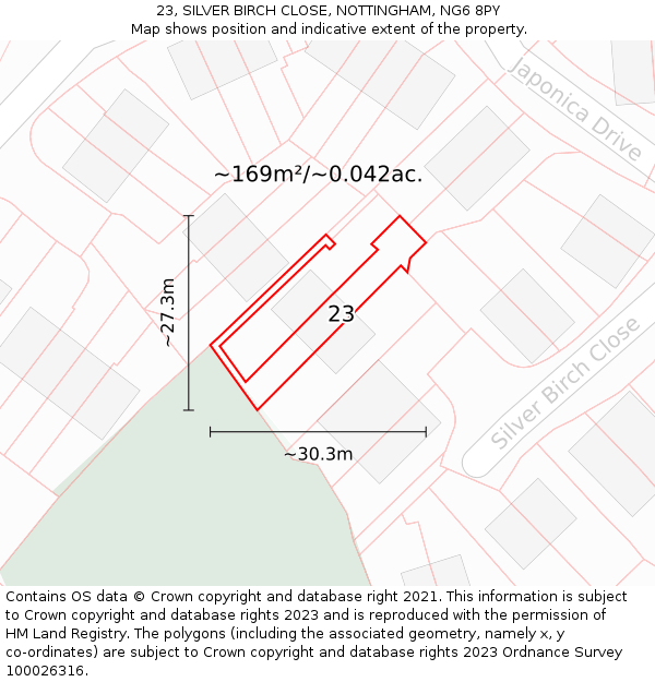 23, SILVER BIRCH CLOSE, NOTTINGHAM, NG6 8PY: Plot and title map