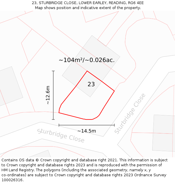 23, STURBRIDGE CLOSE, LOWER EARLEY, READING, RG6 4EE: Plot and title map