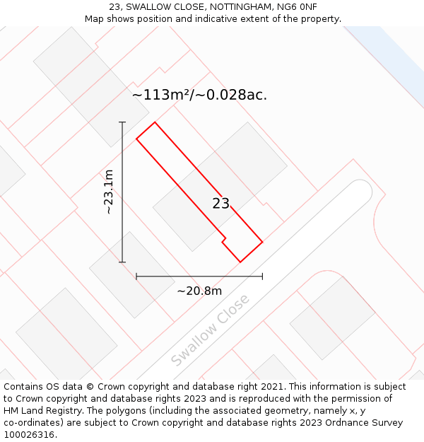23, SWALLOW CLOSE, NOTTINGHAM, NG6 0NF: Plot and title map