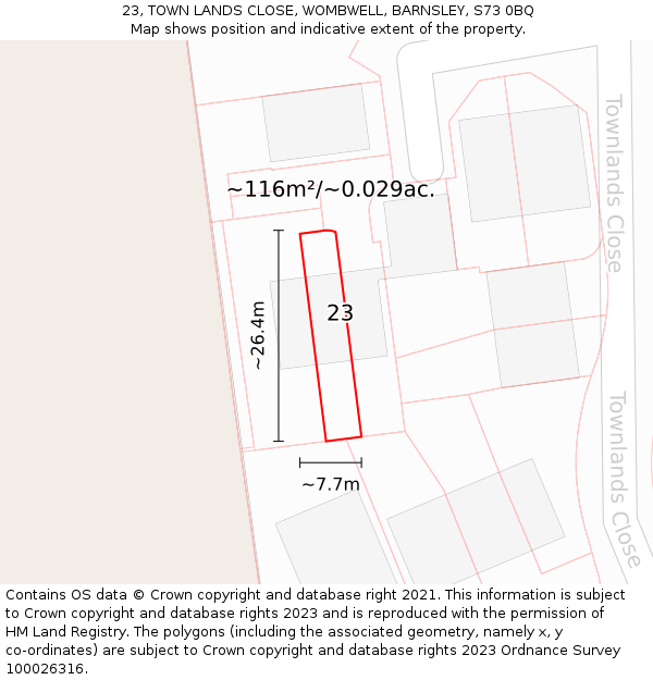 23, TOWN LANDS CLOSE, WOMBWELL, BARNSLEY, S73 0BQ: Plot and title map