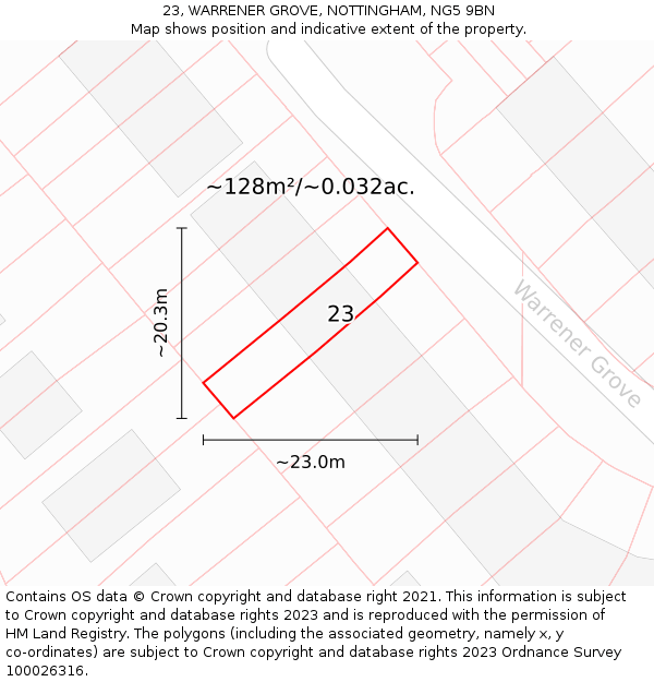 23, WARRENER GROVE, NOTTINGHAM, NG5 9BN: Plot and title map