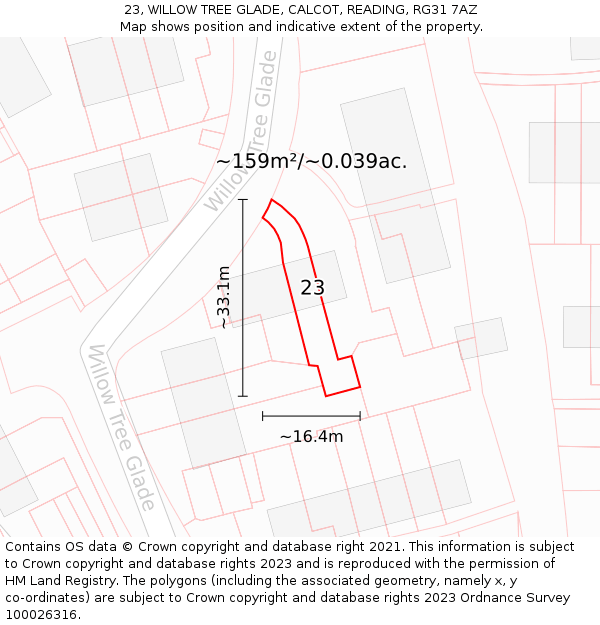 23, WILLOW TREE GLADE, CALCOT, READING, RG31 7AZ: Plot and title map