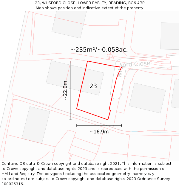 23, WILSFORD CLOSE, LOWER EARLEY, READING, RG6 4BP: Plot and title map