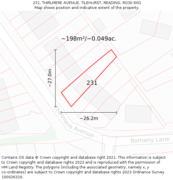 231, THIRLMERE AVENUE, TILEHURST, READING, RG30 6XG: Plot and title map