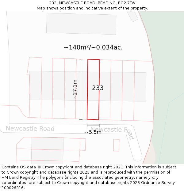 233, NEWCASTLE ROAD, READING, RG2 7TW: Plot and title map