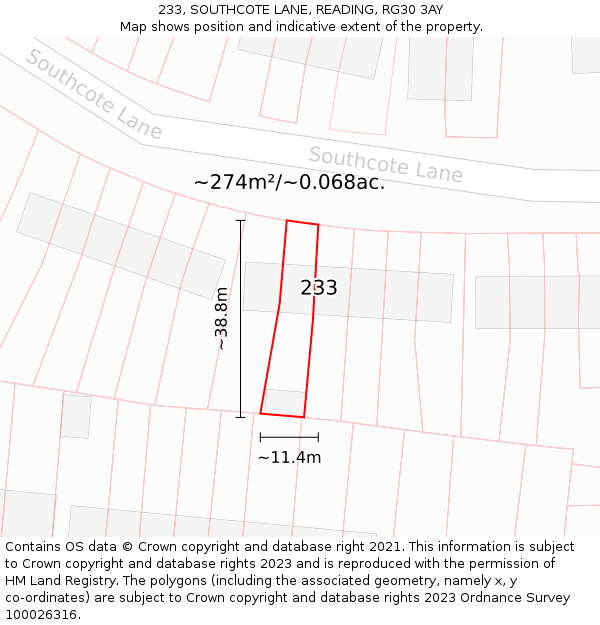 233, SOUTHCOTE LANE, READING, RG30 3AY: Plot and title map