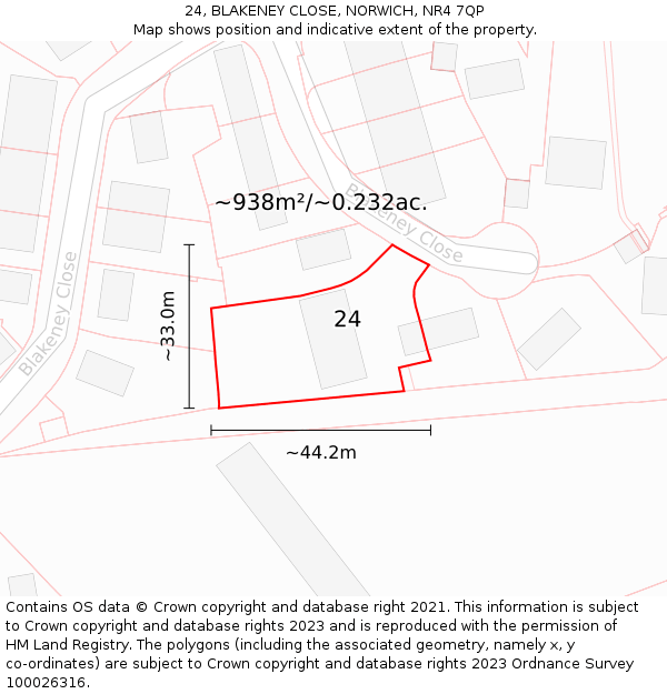 24, BLAKENEY CLOSE, NORWICH, NR4 7QP: Plot and title map