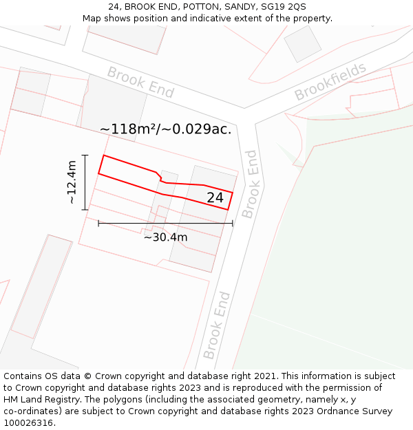 24, BROOK END, POTTON, SANDY, SG19 2QS: Plot and title map