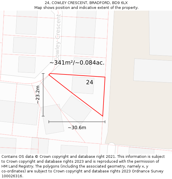 24, COWLEY CRESCENT, BRADFORD, BD9 6LX: Plot and title map