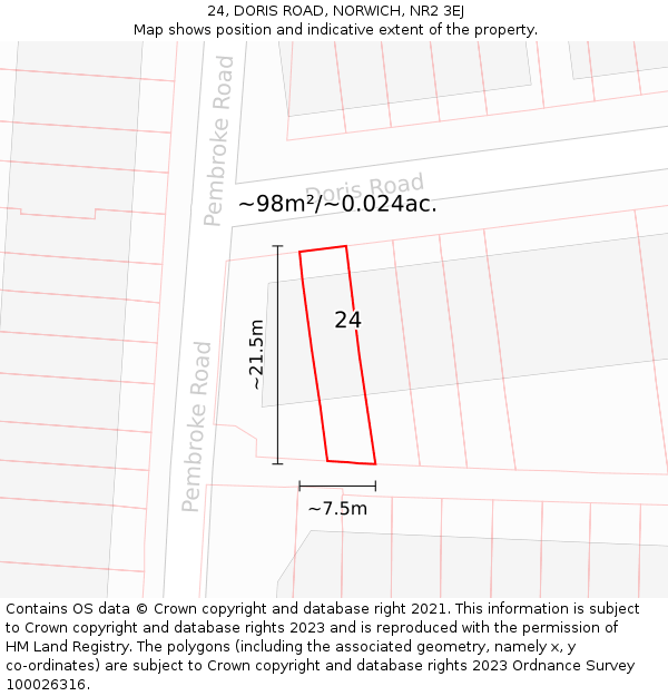 24, DORIS ROAD, NORWICH, NR2 3EJ: Plot and title map