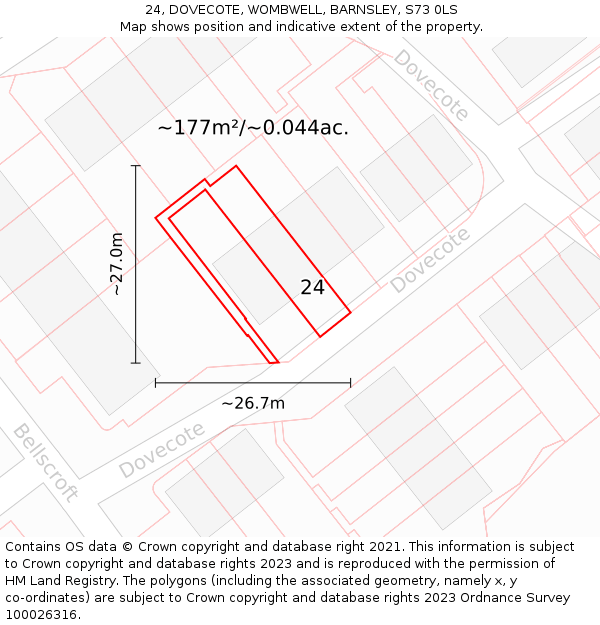 24, DOVECOTE, WOMBWELL, BARNSLEY, S73 0LS: Plot and title map