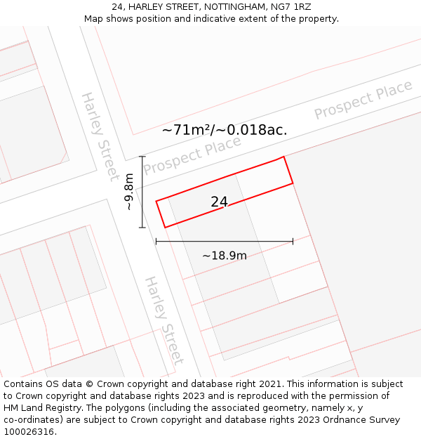 24, HARLEY STREET, NOTTINGHAM, NG7 1RZ: Plot and title map
