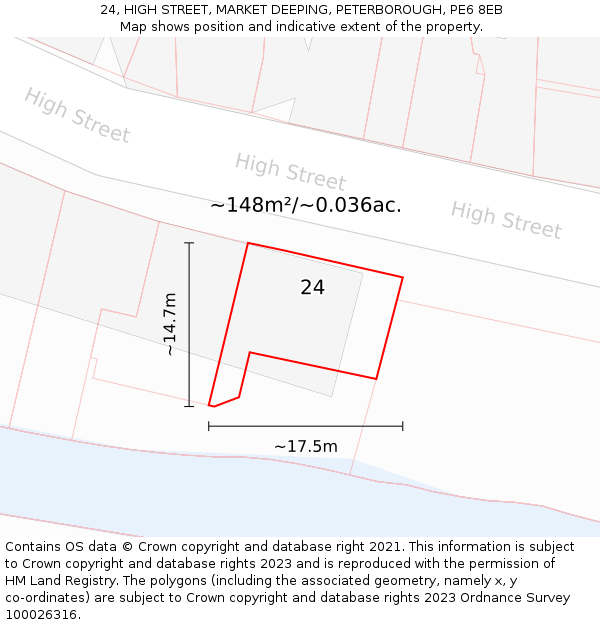24, HIGH STREET, MARKET DEEPING, PETERBOROUGH, PE6 8EB: Plot and title map